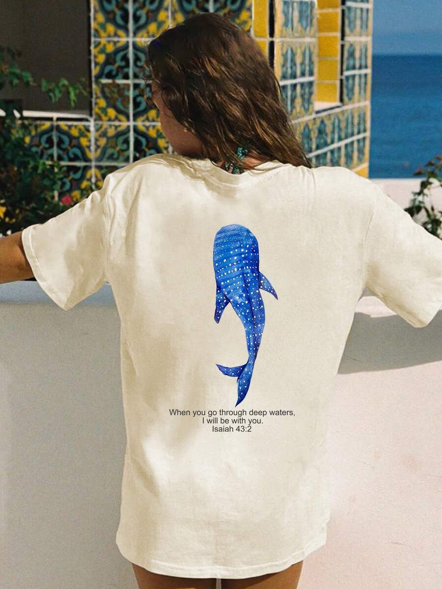 Whale Letter Print Women Short Sleeve T-Shirt, Chinese New Year, Lunar New Year, Year Of The Horse, Spring Festival, Happy New Year, Valentine's Day, Valentine's Day Gift - Apricot - View 1