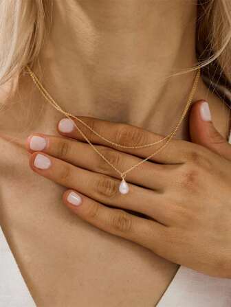 Rostfritt stål vattentätt icke-blekande guldpläterat dubbellager vattendroppe pärlhalsband, lämpligt för dagligt bruk för kvinnor