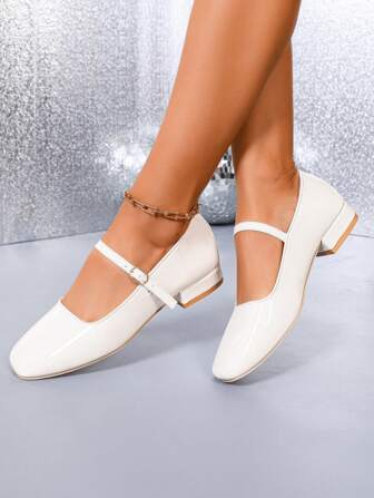 Zapatos sin cordones de tacón grueso suave con tacones altos para mujer, talla grande, color blanco Marian Jane