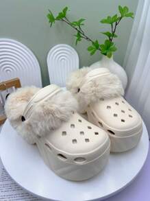 Solid Color Warm Indoor Slippers, Fluffy Warm Lining Thick Non-Slip Sole, Comfortable Plush Shoes For Winter, High Heel Sandals - Khaki - View 7