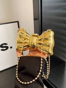 1 Túi xách mini hình con bướm thời trang, dành cho nữ, Túi đeo chéo bằng acrylic, có dây đeo vai xích có thể tháo rời, Khóa cài, Không tráng men, Màu trơn, Chi tiết nơ, Túi đựng đồ ăn tối - Vàng - Xem 6