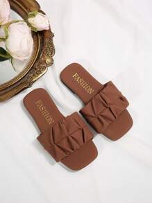 儿童时尚户外拖鞋，方头平底鞋，一体式凉鞋，新款时尚优雅简约欧美女童鞋，高端沙滩拖鞋 - 棕色 - 查看 2