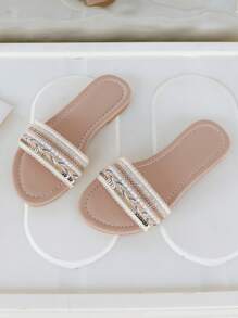 2025夏季新款女童亮片人字拖，平底，休闲，透气，轻便，舒适沙滩拖鞋 - 米色 - 查看 6