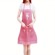 1pc Random Cute Bunny Design Plaid Polyester Kitchen Apron - Light Blue & White Checkered Pattern, Peach Skin Velvet Fabric, Adjustable Neck Strap With Pockets, Perfect For Home Cooking & Restaurant Use - Multicolor - View 8