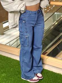 Women's Plus Size Cargo Jeans - Straight Leg Workwear Denim Pants With Utility Pockets, Streetwear Oversized Tactical Pants For Curvy Women, Comfort Stretch Wide Leg - 深色水洗藍 - 查看 6
