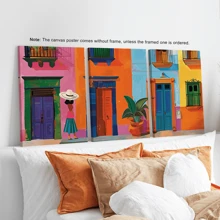 Set de 3 impresiones en lienzo de arte abstracto moderno - Vibrante escena de la calle de México, perfecta para la decoración del hogar y la oficina, póster de pueblo vibrante, decoración para dormitorio universitario, apartamento, regalos para decorar paredes en hotel, hogar, sala de estar, dormitorio, baño y oficina