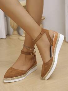 2025 EU/US Early Autumn New Chunky Thick Sole Pointed Toe Hollow Out Ankle Cross Strap Sandals For Women, Platform Wedge High Heels - Brown - View 4