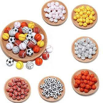 10/12/150pcs 15mm Silicone Beads, Basketball, Soccer, Rugby, Volleyball, Baseball Print Loose Beads, Suitable For DIY Necklaces, Bracelets, Jewelry, Keychains, Pearl Pens, Strings And Other Handicrafts