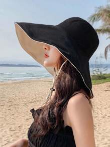 Sonnenhut für Damen mit breiter Krempe, wendbarer schwarzer Hut im koreanischen Stil, lässiger, eleganter Sonnenschutz-Fischerhut aus Polyester für die Mode, Frühling/Sommer