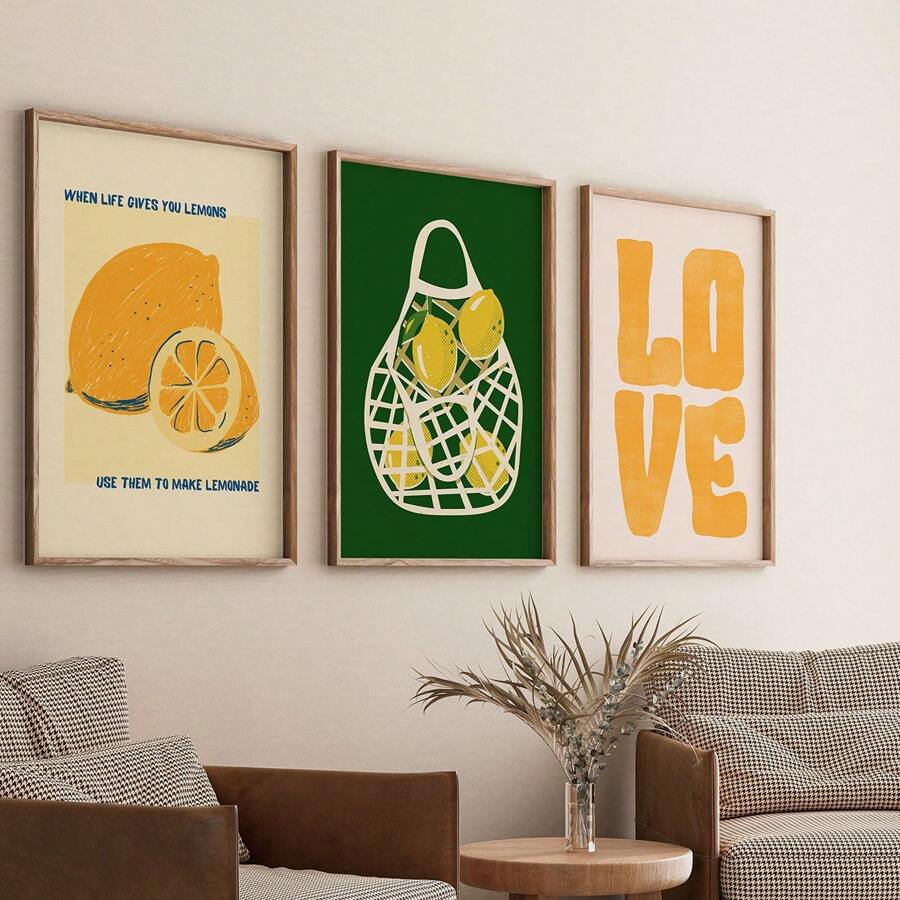 3pcs Minimalist Lemon Wall Art Set - Vintage Yellow-Green, Frameless Canvas Paintings, Suitable For Living Room, Kitchen, Dining Room Decor, Birthday & Graduation Gift
