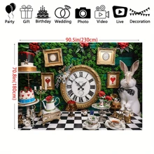 1件装魔法茶会摄影背景布 - 优雅的格子图案和兔子设计，涤纶材质，适用于生日蛋糕桌、庆祝活动、仙境主题、派对摄影背景 - 彩色 - 查看 3