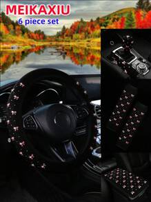 MEIKAXIU （多件套）闪亮蝴蝶结弹力布汽车方向盘套、肩套、扶手套、手刹换挡杆套、头枕套、杯垫，女士汽车内饰配件，女士汽车用品