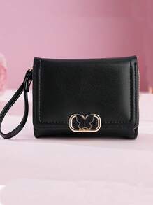 Women's Short Zipper Tri-Fold Wallet Butterfly Metal Decor Fashion New Multi-Card Slots Handbag Coin Purse Wallet Purse Wallet Mini Wallet Small Wallet - Black - View 2
