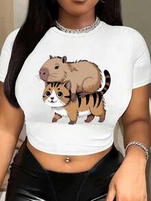 Camiseta corta con estampado gráfico, top corto de manga corta de primavera y verano con estilo Y2K para mujeres