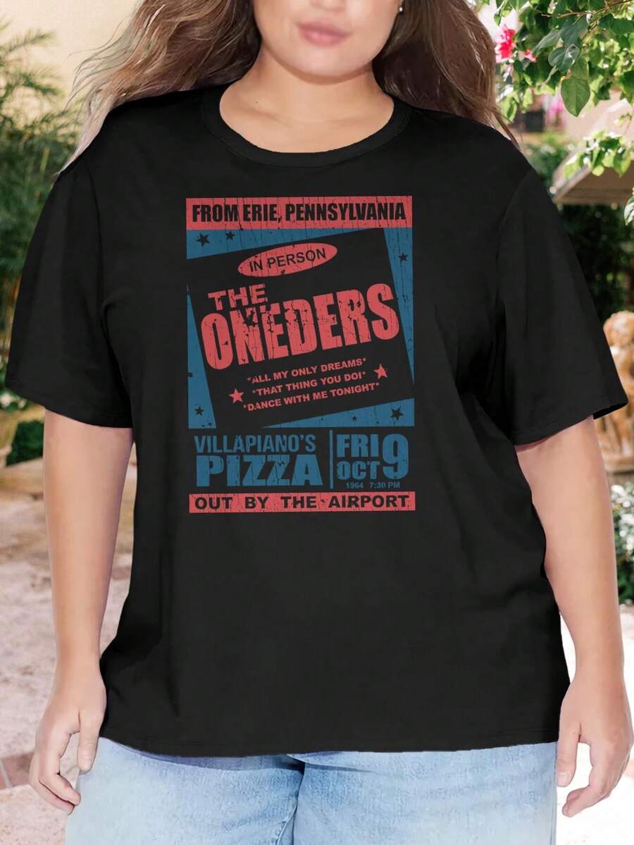Vintage The Oneders Villapianos Band oversize women T-Shirt for Ladies Plus Size - Rock Metal Pizza - Negro - Ver 1