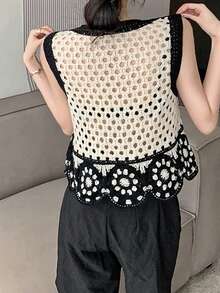 女士时尚黑白复古钩针镂空针织背心
