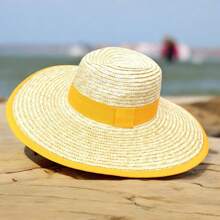 Solid Color & Contrast Color Bohemian Casual Elegant Handmade UV Protection Paper Sun Hats, For Spring, Summer, Autumn