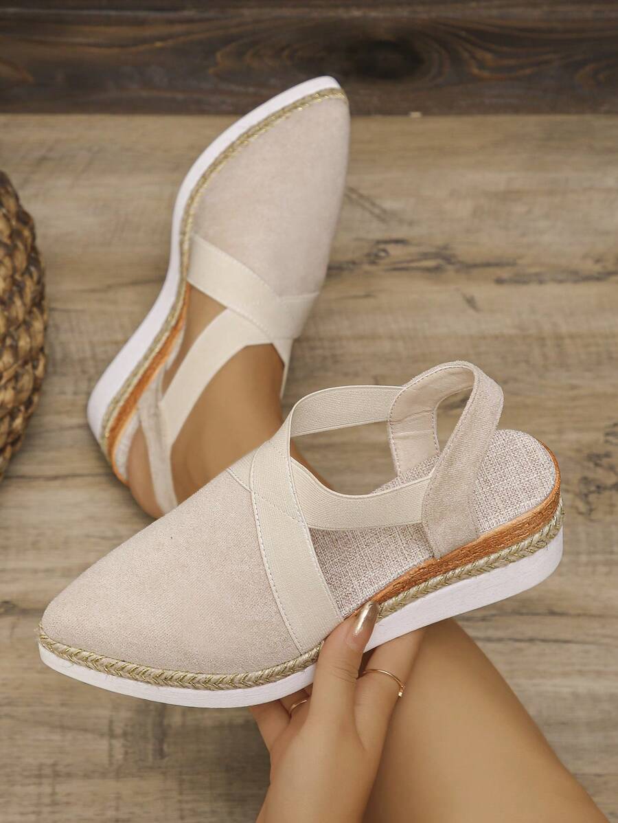 2025 European & American Early Autumn New Arrival Platform Thick Bottom Closed Toe Cross Straps Elastic Covered Sandals For Women, Wedge High Heel - Beige - View 1