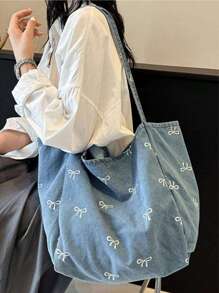 New Korean Casual Fashion Versatile Blue Highly Attractive Bow Washed Canvas Tote Bag For Commuting, Travel, Shopping, Student Back To School, Large Capacity Sweet Lady Handbag, Artistic Style School Bag & Book Bag For Women Or Students, Perfect For Books, Shopping, Back To School And More, Fashionable Bow Purse For Women