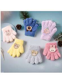 动物印花手套冬季保暖加厚五指手套适合1-3岁男孩女孩