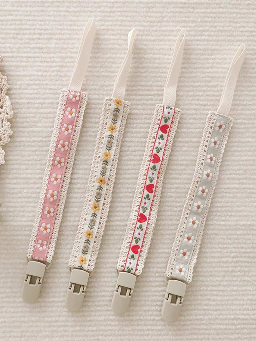 2 件/1 件套蕾丝花朵复古图案可爱婴儿奶嘴夹、缝制出牙玩具、塑料奶嘴夹链