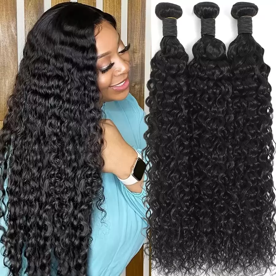 BINF Water Wave Human Hair Bundles 28 30 32 40 Inch Unprocessed Water Deep Curly Bundles Human Hair Natural Color Deep Curly Remy Hair - Natural Black - 查看 1