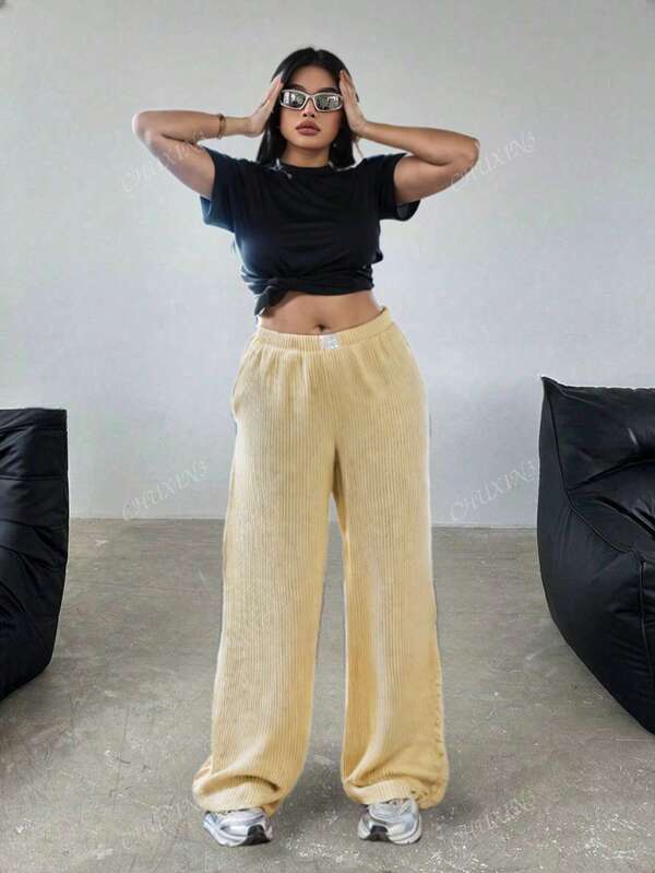 Plus Size Striped Straight Elastic Waist Loose Wide Leg Pants, Versatile