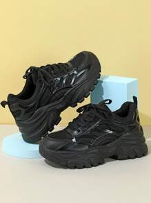 Women's White And Gray Classic Breathable Fashionable Vintage Athleisure Commuting Sneakers, Reflective Material, Platform Thick Sole, Shock-Absorbent, Suitable For Everyday Wear, Vacation And Travel - Black - View 5