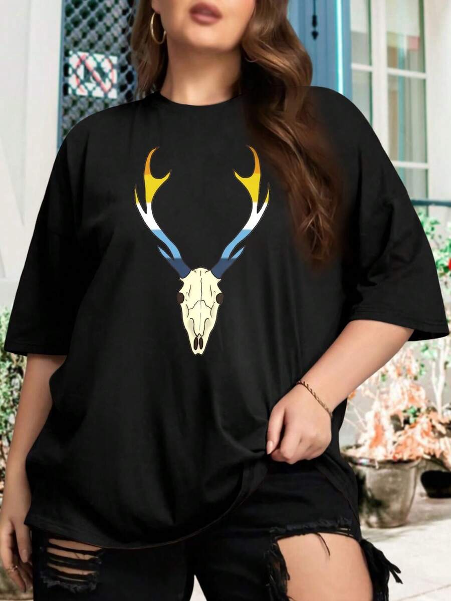 Aroace Pride Deer Skull Oversize Women T-Shirt For Women (Large) Aromantic Asexual Pride Flag Vulture Culture - 黑色 - 查看 1