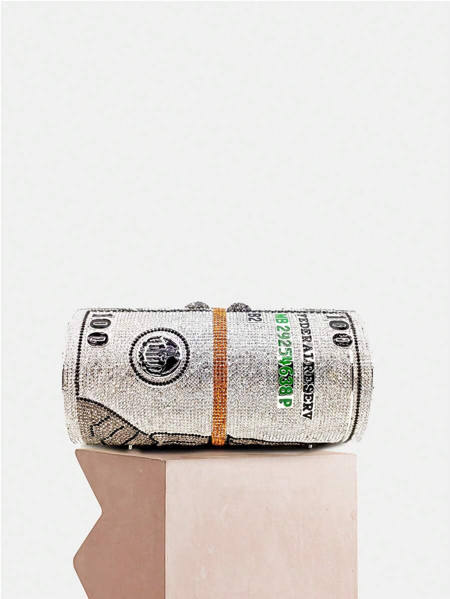 奢华全水晶女士叠叠现金晚宴包水钻手拿包钱单肩包美元钞票钱包，女士钻石手拿包，最佳礼物 - 黑與白 - 查看 1