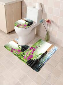 1pc/4pcs Bamboo Waterfall Pattern Shower Curtain Set, Waterproof Shower Curtain With 12 Hooks, Bathroom Rug, U-Shape Toilet Mat, Toilet Lid Cover, Bathroom Divider, Bathroom Accessories, Bathroom Decor