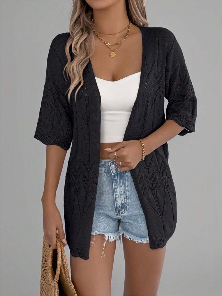 Women Beach Lace Crochet Short Sleeve Knit Cardigan Cover Up Solid Summer Vacation Boho Lightweight - Black - View 1