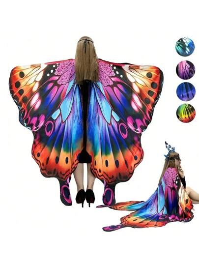 1pc Women's Shiny Butterfly Wing Cape - Colorful Polyester Fiber Fairy Cloak, Feather-Free, Suitable For Halloween Costume Parties