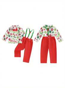 Conjunto de 2 piezas de ropa navideña para bebé niño pequeño, con pajarita, gorro de Papá Noel, estampado de bola y hombre de jengibre, camisa de manga larga con botones y tirantes - Rojo - Ver 10