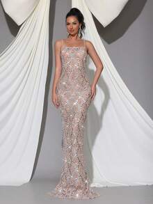 Modphy 奢华亮片水晶钻透视网眼无袖紧身连衣裙，性感细肩带伴娘婚礼派对晚礼服，婚礼宾客礼服，正式礼服 - 杏色 - 查看 3