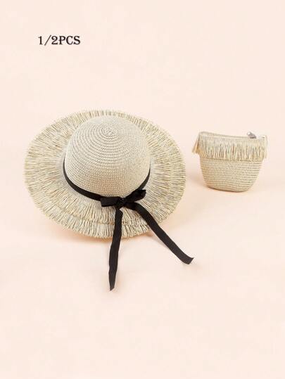 1 件/2 件儿童花朵装饰纯色蝴蝶结装饰儿童太阳帽，春夏