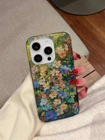 Flower New Spring Season Sparkly Green Floral Creative IPhone 16ProMax 15 14/14Pro 13Pro Protective Phone Case, Shock-Proof Full Coverage