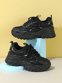 Women's White And Gray Classic Breathable Fashionable Vintage Athleisure Commuting Sneakers, Reflective Material, Platform Thick Sole, Shock-Absorbent, Suitable For Everyday Wear, Vacation And Travel - Black - View 4