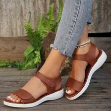 New Women Sandals Fashion Strap Hook&Loop Flat Comfortable Lightweight Versatile Beach Sandals, Brown Thick Sole, Casual & Simple - Brown - View 4
