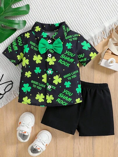 男宝宝绅士蝴蝶结、三叶草和字母印花短袖衬衫和短裤套装，适合春夏季外出