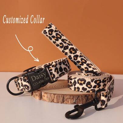 Customizable Leopard Print Dog Collar, Personalized With ID Name & Phone Number, Adjustable Pet Collar, Free Engraving, Suitable For Small, Medium & Large Dogs And Cats
