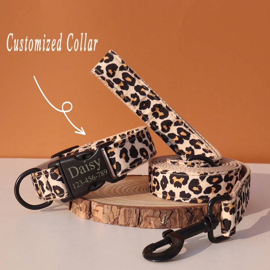 Customizable Leopard Print Dog Collar, Personalized With ID Name & Phone Number, Adjustable Pet Collar, Free Engraving, Suitable For Small, Medium & Large Dogs And Cats
