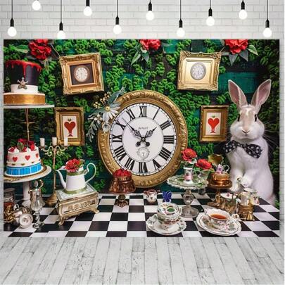 1 pezzo di Ambientazione fotografica da tè fantasiosa - Disegno elegante a scacchiera e coniglio, in poliestere, perfetta per tavoli torte di compleanno e sfondi celebrativi, wonderland, servizio fotografico per feste, ambientazioni
