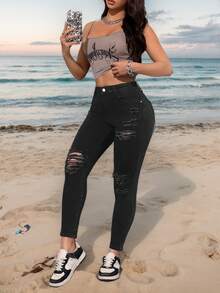 Jeans Ajustados Mezclilla, Moda Casual para Mujer, Diseño Desgastado, Juvenil. Pantalón vaquero sexy elástico negro - Negro - Ver 5
