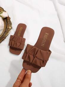 儿童时尚户外拖鞋，方头平底鞋，一体式凉鞋，新款时尚优雅简约欧美女童鞋，高端沙滩拖鞋 - 棕色 - 查看 6