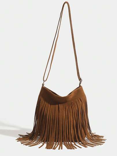 New Fashionable Autumn/Winter Retro Suede Solid Color Tassel Women's Niche Cellphone Bag, Western/Hong Kong Style One Shoulder Diagonal Cross-Body Multi-Function Personalized Minimalist Slouchy Commuting Travel Shopping Casual Daily Versatile Lightweight Brown, Latest Fashion Suede Bag, Perfect Match For Women's Autumn Outfits, 2025 New Autumn Women's Wear