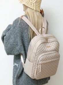 Women Nylon Plain Quilted Large Capacity Versatile Backpack, Simple Casual Student Laptop Bag, Commuter Travel Rucksack, Back To School, School Essential Stuff For Women, Girls & Students - Beige - View 3
