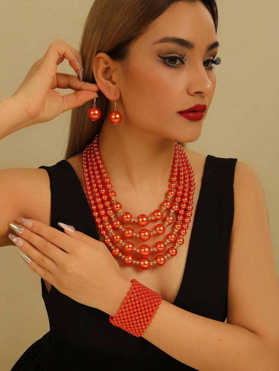 Conjunto de joyas bohemias hechas a mano con múltiples capas de cuentas tejidas de manera exagerada (collar, aretes, pulsera) para mujer - Estilo europeo, adecuado para eventos formales, fiestas, vacaciones