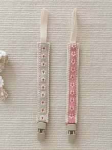 2 件/1 件套蕾丝花朵复古图案可爱婴儿奶嘴夹、缝制出牙玩具、塑料奶嘴夹链