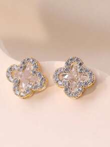 1 par de pendientes de trébol de oro de 18K, adornados con lindos circonitas, pendientes de botón de flor de cristal mini, joyería de moda, regalo del Día de San Valentín, adecuado para fiestas y uso diario - Estilo de flor de cuatro hojas hueca de color amarillo dorado. - Ver 14